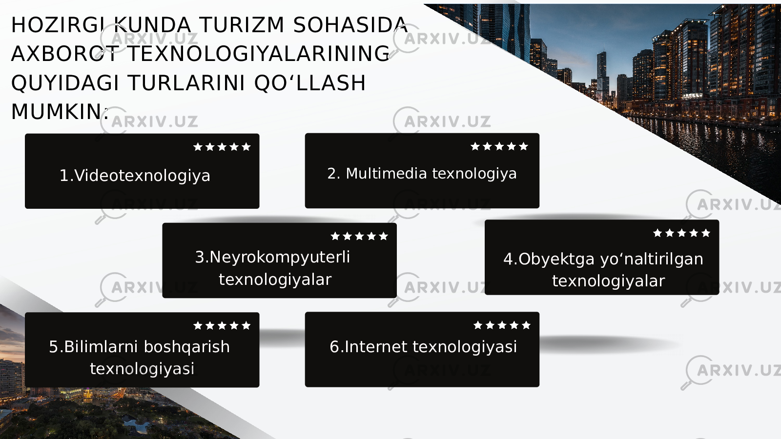 HOZIRGI KUNDA TURIZM SOHASIDA AXBOROT TEXNOLOGIYAL ARINING QUYIDAGI TURL ARINI QO‘LL ASH MUMKIN: 1.Videotexnologiya 2. Multimedia texnologiya 3.Neyrokompyuterli texnologiyalar 4.Obyektga yo‘naltirilgan texnologiyalar 5.Bilimlarni boshqarish texnologiyasi 6.Internet texnologiyasi 