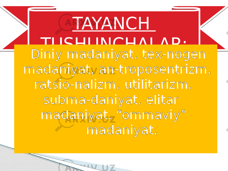 TAYANCH TUSHUNCHALAR: Diniy madaniyat, tex-nogen madaniyat, an-troposentrizm, ratsio-nalizm, utilitarizm, subma-daniyat, elitar madaniyat, “ommaviy” madaniyat. 0C 0C07030B07123B0B 