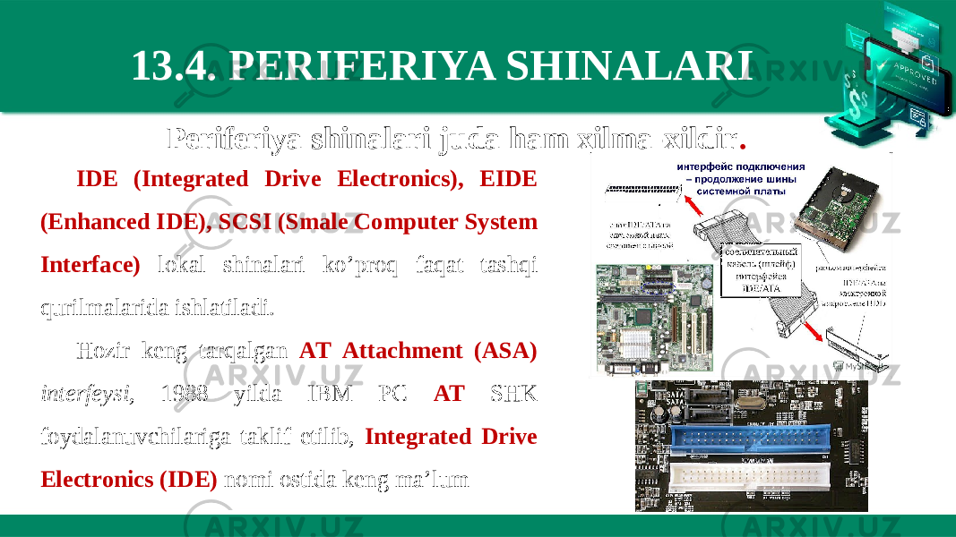 13.4. PERIFERIYA SHINALARI IDE (Integrated Drive Electronics), EIDE (Enhanced IDE), SCSI (Smale Computer System Interface) lokal shinalari ko’proq faqat tashqi qurilmalarida ishlatiladi. Hozir keng tarqalgan AT Attachment (ASA) interfeysi, 1988 yilda IBM PC AT SHK foydalanuvchilariga taklif etilib, Integrated Drive Electronics (IDE) nomi ostida keng ma’lumPeriferiya shinalari juda ham xilma-xildir . 