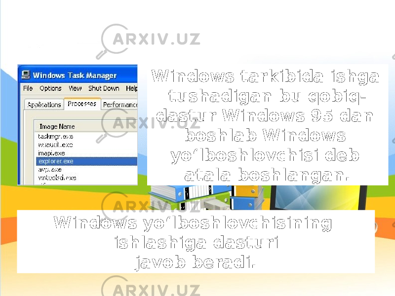 Windows tarkibida ishga tushadigan bu qobiq- dastur Windows 95 dan boshlab Windows yo‘lboshlovchisi deb atala boshlangan. Windows yo‘lboshlovchisining ishlashiga dasturi javob beradi. 