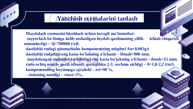  Yanchish sxemalarini tanlash Maydalash sxemasini hisoblash uchun keragli ma&#39;lumotlar: tayyorlash bo&#39;limiga kelib tushadigan foydali qazilmaning yillik ishlab chiqarish unumdorligi – Q=700000 t/yil; dastlabki rudagi qimmatbaho komponentning miqdori Au=0,003g/t dastlabki rudadagi eng katta bo&#39;lakning o&#39;lchami – Dmak=900 mm; maydalangan mahsulot tarkibidagi eng katta bo&#39;lakning o&#39;lchami – dmak=15 mm; ruda ochiq usulda qazib olinadi, qattiqlikka 2-3, sochma zichligi – δ=1,8-2,2 t/m3; komponentning boyitmaga ajralishi – esi=90 %, - rudaning namligi – rnax=3%,1010 08 1319 10 23 1F 21262128 1C191E 1C191E 10 28 1D211C 182728 0A 