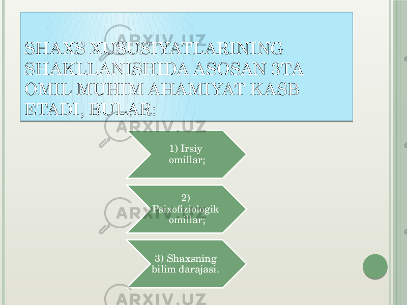 SHAXS XUSUSIYATLARINING SHAKLLANISHIDA ASOSAN 3TA OMIL MUHIM AHAMIYAT K ASB ETADI, BULAR: 1) Irsiy omillar; 2) Psixofiziologik omillar; 3) Shaxsning bilim darajasi.  22 22 3A 30 