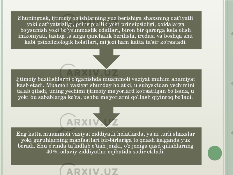 Eng katta muammoli vaziyat ziddiyatli holatlarda, ya’ni turli shaxslar yoki guruhlarning manfaatlari bir-birlariga to’qnash kelganda yuz beradi. Shu o’rinda ta’kidlab o’tish joizki, o’z joniga qasd qilishlarnng 40%i oilaviy ziddiyatlar oqibatida sodir etiladi. Ijtimoiy buzilishlarni o’rganishda muammoli vaziyat muhim ahamiyat kasb etadi. Muamoli vaziyat shunday holatki, u subyektdan yechimini talab qiladi, uning yechimi ijtimoiy me’yorlard ko’rsatilgan bo’lsada, u yoki bu sabablarga ko’ra, ushbu me’yorlarni qo’llash qiyinroq bo’ladi. Shuningdek, ijtimoiy og’ishlarning yuz berishiga shaxsning qat’iyatli yoki qat’iyatsizligi, prinsipiallik yoki prinsipsizligi, qoidalarga bo’ysunish yoki bo’ysunmaslik odatlari, biron bir qarorga kela olish imkoniyati, tashqi ta’sirga qanchalik berilishi, irodasi va boshqa shu kabi psixofiziologik holatlari, mi’jozi ham katta ta’sir ko’rsatadi.  