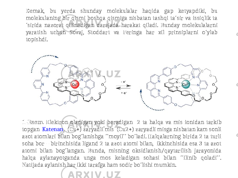 Demak, bu yerda shunday molekulalar haqida gap ketyapdiki, bu molekulaning bir qismi boshqa qismiga nisbatan tashqi ta´sir va issiqlik ta ´sirida nazorat qilinadigan darajada harakat qiladi. Bunday molekulalarni yaratish uchun Sovaj, Stoddart va Feringa har xil prinsiplarni o´ylab topishdi. 1-Rasm. Elektron oladigan yoki beradigan 2 ta halqa va mis ionidan tarkib topgan Katenan . (Cu+) zaryadli mis (Cu2+) zaryadli misga nisbatan kam sonli azot atomlari bilan bog´lanishga ´´moyil´´ bo´ladi. Halqalarning birida 2 ta turli soha bor – birinchisida ligand 2 ta azot atomi bilan, ikkinchisida esa 3 ta azot atomi bilan bog´langan. Bunda, misning oksidlanish/qaytarilish jarayonida halqa aylanayotganda unga mos keladigan sohasi bilan ´´ilinib qoladi´´. Natijada aylanish har ikki tarafga ham sodir bo´lishi mumkin. 