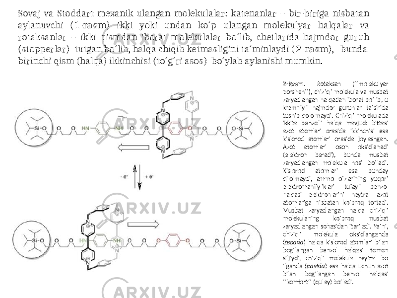 Sovaj va Stoddart mexanik ulangan molekulalar: katenanlar – bir-biriga nisbatan aylanuvchi ( 1-rasm ) ikki yoki undan ko´p ulangan molekulyar halqalar va rotaksanlar – ikki qismdan iborat molekulalar bo´lib, chetlarida hajmdor guruh (stopperlar) tutgan bo´lib, halqa chiqib ketmasligini ta´minlaydi ( 2-rasm ), bunda birinchi qism (halqa) ikkinchisi (to´g´ri asos) bo´ylab aylanishi mumkin. 2-Rasm. Rotaksan (´´molekulyar porshen´´), chiziqli molekula va musbat zaryadlangan halqadan iborat bo´lib, u kremniyli hajmdor guruhlar ta´sirida tushib qololmaydi. Chiziqli molekulada ikkita benzolli halqa mavjud: bittasi azot atomlari orasida ikkinchisi esa kislorod atomlari orasida joylashgan. Azot atomlari oson oksidlanadi (elektron beradi), bunda musbat zaryadlangan molekula hosil bo´ladi. Kislorod atomlari esa bunday qilolmaydi, ammo o´zlarining yuqori elektromanfiyliklari tufayli benzol halqasi elektronlarini neytral azot atomlariga nisbatan ko´proq tortadi. Musbat zaryadlangan halqa chiziqli molekulaning ko´proq musbat zaryadlangan sohasidan itariladi. Ya´ni, chiziqli molekula oksidlanganda ( tepada ) halqa kislorod atomlari bilan bog´langan benzol halqasi tomon siljiydi, chiziqli molekula neytral bo ´lganda ( pastda ) esa halqa uchun azot bilan bog´langan benzol halqasi ´´komfort´´ (qulay) bo´ladi. 