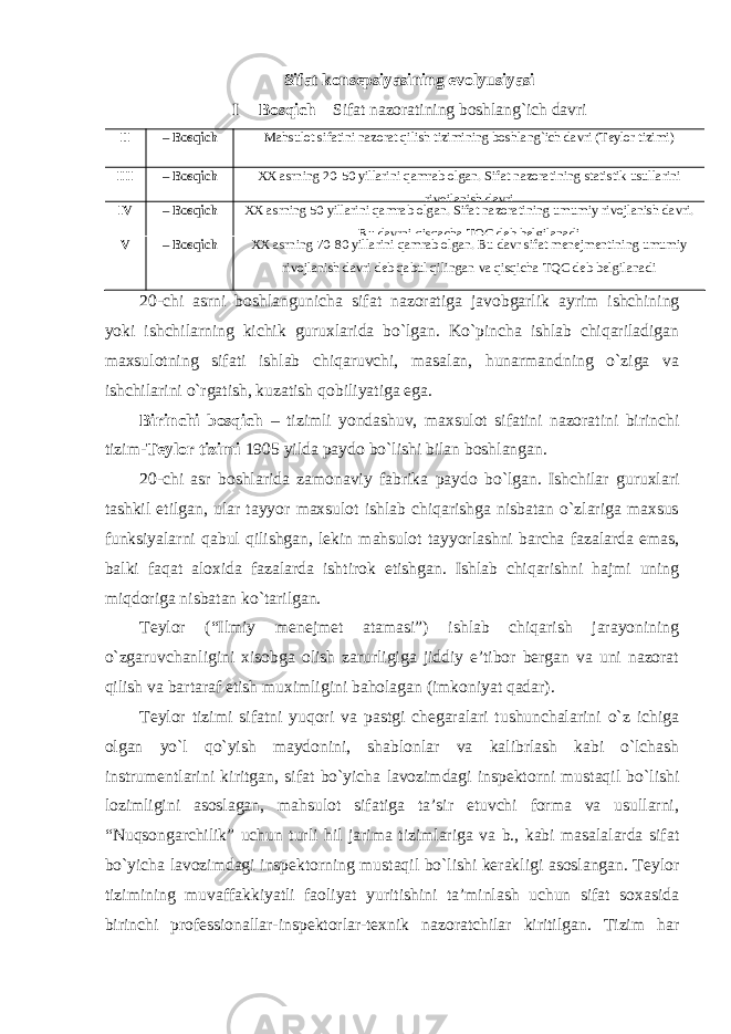 Sifat konsepsiyasining evolyusiyasi I – Bosqich Sifat nazoratining boshlang`ich davri II – Bosqich Mahsulot sifatini nazorat qilish tizimining boshlang`ich davri (Teylor tizimi) III – Bosqich XX asrning 20-50 yillarini qamrab olgan. Sifat nazoratining statistik usullarini rivojlanish davri IV – Bosqich XX asrning 50 yillarini qamrab olgan. Sifat nazoratining umumiy rivojlanish davri. Bu davrni qisqacha TQC deb belgilanadi V – Bosqich XX asrning 70-80 yillarini qamrab olgan. Bu davr sifat menejmentining umumiy rivojlanish davri deb qabul qilingan va qisqicha TQC deb belgilanadi 20-chi asrni boshlangunicha sifat nazoratiga javobgarlik ayrim ishchining yoki ishchilarning kichik guruxlarida bo`lgan. Ko`pincha ishlab chiqariladigan maxsulotning sifati ishlab chiqaruvchi, masalan, hunarmandning o`ziga va ishchilarini o`rgatish, kuzatish qobiliyatiga ega. Birinchi bosqich – tizimli yondashuv, maxsulot sifatini nazoratini birinchi tizim- Teylor tizimi 1905 yilda paydo bo`lishi bilan boshlangan. 20-chi asr boshlarida zamonaviy fabrika paydo bo`lgan. Ishchilar guruxlari tashkil etilgan, ular tayyor maxsulot ishlab chiqarishga nisbatan o`zlariga maxsus funksiyalarni qabul qilishgan, lekin mahsulot tayyorlashni barcha fazalarda emas, balki faqat aloxida fazalarda ishtirok etishgan. Ishlab chiqarishni hajmi uning miqdoriga nisbatan ko`tarilgan. Teylor (“Ilmiy menejmet atamasi”) ishlab chiqarish jarayonining o`zgaruvchanligini xisobga olish zarurligiga jiddiy e’tibor bergan va uni nazorat qilish va bartaraf etish muximligini baholagan (imkoniyat qadar). Teylor tizimi sifatni yuqori va pastgi chegaralari tushunchalarini o`z ichiga olgan yo`l qo`yish maydonini, shablonlar va kalibrlash kabi o`lchash instrumentlarini kiritgan, sifat bo`yicha lavozimdagi inspektorni mustaqil bo`lishi lozimligini asoslagan, mahsulot sifatiga ta’sir etuvchi forma va usullarni, “Nuqsongarchilik” uchun turli hil jarima tizimlariga va b., kabi masalalarda sifat bo`yicha lavozimdagi inspektorning mustaqil bo`lishi kerakligi asoslangan. Teylor tizimining muvaffakkiyatli faoliyat yuritishini ta’minlash uchun sifat soxasida birinchi professionallar-inspektorlar-texnik nazoratchilar kiritilgan. Tizim har 