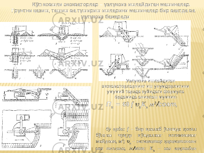  Кўп ковшли экскваторлар – узлуксиз ишлайдиган машиналар. Грунтни қазиш, ташиш ва тушириш ишларини машиналар бир вақтда ва узлуксиз бажаради Узлуксиз ишлайдиган экскаваторларнинг иш унумдорлигини умумий тарзда қуйидаги формула ёрдамида аниқлаш мумкин: П э  60 f  э К в м 3  соат, бу ерда: f – бир қазлаб ўтишда ҳосил бўлган чуқур кўндаланг кесимининг майдони, м 2 ;  э – экскаватор ҳаракатининг иш тезлиги, м  мин; К в – иш вақтидан фойдаланиш коэффициенти. 