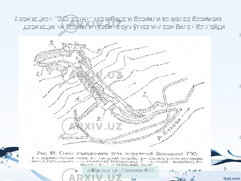 Деривацион ГЭСларнинг таркибидаги босимли ховузлар босимсиз деривацияни босимли турбина сув ўтказгичлари билан боғлайди тайёрлади: доц Шаазизов Ф.Ш. 2 