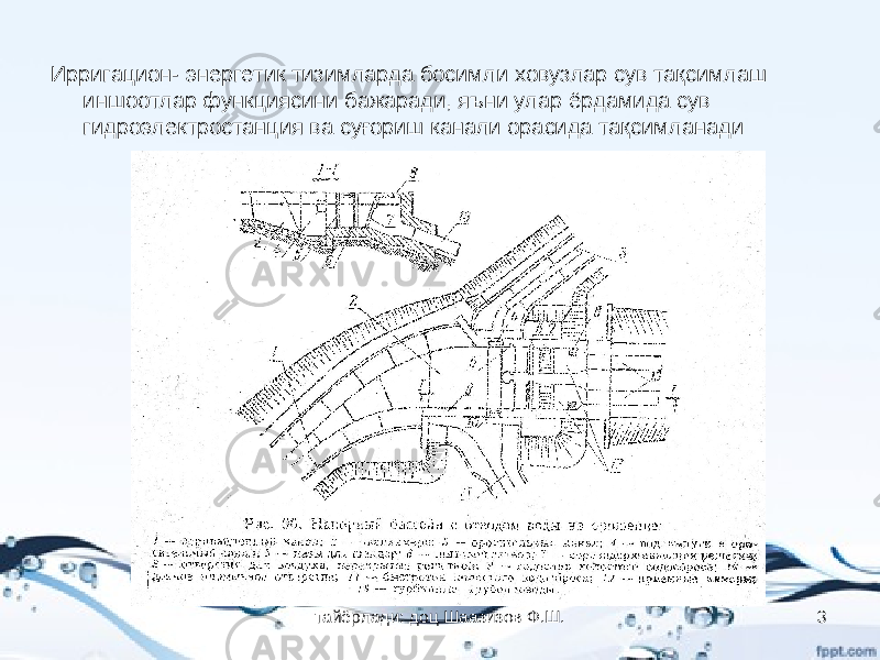 Ирригацион- энергетик тизимларда босимли ховузлар сув тақсимлаш иншоотлар функциясини бажаради, яъни улар ёрдамида сув гидроэлектростанция ва суғориш канали орасида тақсимланади тайёрлади: доц Шаазизов Ф.Ш. 3 