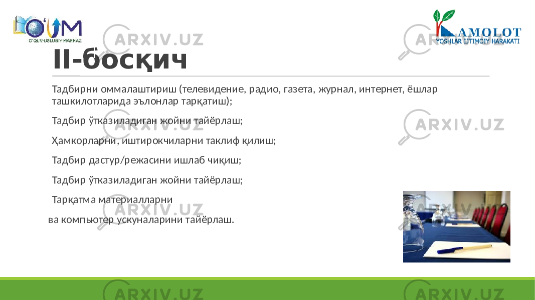 II-босқич Тадбирни оммалаштириш (телевидение, радио, газета, журнал, интернет, ёшлар ташкилотларида эълонлар тарқатиш); Тадбир ўтказиладиган жойни тайёрлаш; Ҳамкорларни, иштирокчиларни таклиф қилиш; Тадбир дастур/режасини ишлаб чиқиш; Тадбир ўтказиладиган жойни тайёрлаш; Тарқатма материалларни ва компьютер ускуналарини тайёрлаш. 