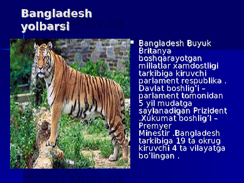 Bangladesh Bangladesh yolbarsiyolbarsi  Bangladesh Buyuk Bangladesh Buyuk Britanya Britanya boshqarayotgan boshqarayotgan millatlar xamdostligi millatlar xamdostligi tarkibiga kiruvchi tarkibiga kiruvchi parlament respublika . parlament respublika . Davlat boshlig’i – Davlat boshlig’i – parlament tomonidan parlament tomonidan 5 yil mudatga 5 yil mudatga saylanadigan Prizident saylanadigan Prizident .Xukumat boshlig’I – .Xukumat boshlig’I – Premyer Premyer Minestir .Bangladesh Minestir .Bangladesh tarkibiga 19 ta okrug tarkibiga 19 ta okrug kiruvchi 4 ta vilayatga kiruvchi 4 ta vilayatga bo’lingan .bo’lingan . 