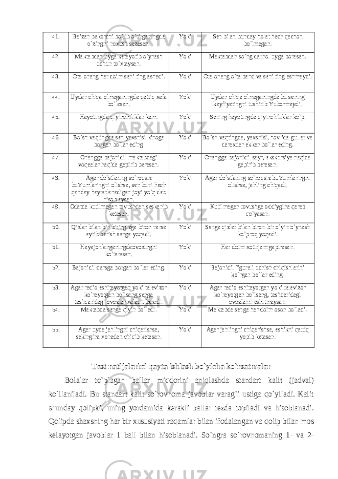 41 . Ba’zan bekorchi bo`lib o`tirganingda o`zingni noxush sezasan. Yoki Sen bilan bunday holat hech qachon bo`lmagan. 42 . Maktabdan uyga ketayotib o`ynash uchun to`xtaysan. Yoki Maktabdan so`ng darhol uyga borasan. 43 . Ota-onang har doim seni tinglashadi. Yoki Ota-onang o`ta band va seni tinglashmaydi. 44 . Uydan chiqa olmaganingda qattiq xafa bo`lasan. Yoki Uydan chiqa olmaganingda bu sening kayfiyatingni tushirib Yubormaydi. 45 . H ayotingda q iyinchiliklar kam . Yoki Sen ing h ayotingda q iyinchiliklar k o` p . 46 . Bo`sh vaqtingda sen yaxshisi kinoga borgan bo`lar eding Yoki Bo`sh vaqtingda, yaxshisi, hovlida gullar va daraxtlar ekkan bo`lar eding. 47 . Onangga bajonidil maktabdagi voqealar haqida gapirib berasan. Yoki Onangga bajonidil sayr, ekskursiya haqida gapirib berasan. 48 . Agar do`stlaring so`roqsiz buYumlaringni olishsa, sen buni hech qanday hayratlanadigan joyi yo`q deb hisoblaysan. Yoki Agar do`stlaring so`roqsiz buYumlaringni olishsa, jahling chiqadi. 49 . Odatda kutilmagan tovushdan seskanib ketasan. Yoki Kutilmagan tovushga oddiygina qarab qo`yasan. 50. Qizlar bilan bir-biringizga biron narsa aytib berish senga yoqadi. Yoki Senga qizlar bilan biron-bir o`yin o`ynash ko`proq yoqadi. 51 . Hayajonlanganingdaovozingni k o` tarasan . Yoki H ar doim xotirjam gapirasan . 52 . Bajonidil darsga borgan bo`lar eding. Yoki Bajonidil figurali uchish chi q ishlarini k o` rgan b o` lar eding . 53 . Agar radio eshitayotgan yoki televizor ko`rayotgan bo`lsang senga tashqaridagi ovozlar xalaqit beradi. Yoki Agar radio eshitayotgan yoki televizor ko`rayotgan bo`lsang, tashqaridagi ovozlarni eshitmaysan. 54 . Maktabda senga qiyin bo`ladi. Yoki Maktabda senga har doim oson bo`ladi. 55 . Agar uyda jahlingni chiqarishsa, sekingina xonadan chiqib ketasan. Yoki Agar jahlingni chiqarishsa, eshikni qattiq yopib ketasan. Test natijalarini qayta ishlash bo`yicha ko`rsatmalar Bolalar to`plagan ballar miqdorini aniqlashda standart kalit (jadval) ko`llaniladi. Bu standart kalit so`rovnoma javoblar varag`i ustiga qo`yiladi. Kalit shunday qolipki, uning yordamida kerakli ballar tezda topiladi va hisoblanadi. Qolipda shaxsning har bir xususiyati raqamlar bilan ifodalangan va qolip bilan mos kelayotgan javoblar 1 ball bilan hisoblanadi. So`ngra so`rovnomaning 1- va 2- 