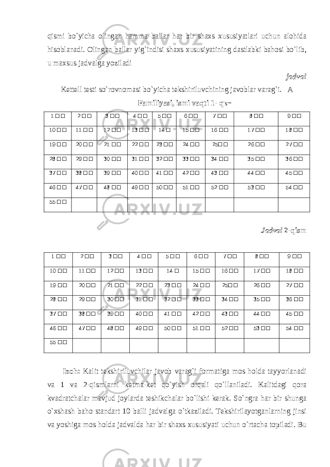 qismi bo`yicha olingan hamma ballar har bir shaxs xususiyatlari uchun alohida hisoblanadi. Olingan ballar yig`indisi shaxs xususiyatining dastlabki bahosi bo`lib, u maxsus jadvalga yoziladi jadval Kettell testi so`rovnomasi bo`yicha tekshiriluvchining javoblar varag`i. A Familiyasi, ismi va q ti 1- q ism 1 □ □ 2 □ □ 3 □ □ 4 □ □ 5 □ □ 6 □ □ 7 □ □ 8 □ □ 9 □ □ 10 □ □ 11 □ □ 12 □ □ 13 □ □ 14 □ 15 □ □ 16 □ □ 17 □ □ 18 □ □ 19 □ □ 20 □ □ 21 □ □ 22 □ □ 23 □ □ 24 □ □ 25□ □ 26 □ □ 27 □ □ 28 □ □ 29 □ □ 30 □ □ 31 □ □ 32 □ □ 33 □ □ 34 □ □ 35 □ □ 36 □ □ 37 □ □ 38 □ □ 39 □ □ 40 □ □ 41 □ □ 42 □ □ 43 □ □ 44 □ □ 45 □ □ 46 □ □ 47 □ □ 48 □ □ 49 □ □ 50 □ □ 51 □ □ 52 □ □ 53 □ □ 54 □ □ 55 □ □ Jadval 2- q ism 1 □ □ 2 □ □ 3 □ □ 4 □ □ 5 □ □ 6 □ □ 7 □ □ 8 □ □ 9 □ □ 10 □ □ 11 □ □ 12 □ □ 13 □ □ 14 □ 15 □ □ 16 □ □ 17 □ □ 18 □ □ 19 □ □ 20 □ □ 21 □ □ 22 □ □ 23 □ □ 24 □ □ 25□ □ 26 □ □ 27 □ □ 28 □ □ 29 □ □ 30 □ □ 31 □ □ 32 □ □ 33 □ □ 34 □ □ 35 □ □ 36 □ □ 37 □ □ 38 □ □ 39 □ □ 40 □ □ 41 □ □ 42 □ □ 43 □ □ 44 □ □ 45 □ □ 46 □ □ 47 □ □ 48 □ □ 49 □ □ 50 □ □ 51 □ □ 52 □ □ 53 □ □ 54 □ □ 55 □ □ Izoh: Kalit tekshiriluvchilar javob varag`i formatiga mos holda tayyorlanadi va 1 va 2-qismlarni ketma-ket qo`yish orqali qo`llaniladi. Kalitdagi qora kvadratchalar mavjud joylarda teshikchalar bo`lishi kerak. So`ngra har bir shunga o`xshash baho standart 10 balli jadvalga o`tkaziladi. Tekshirilayotganlarning jinsi va yoshiga mos holda jadvalda har bir shaxs xususiyati uchun o`rtacha topiladi. Bu 