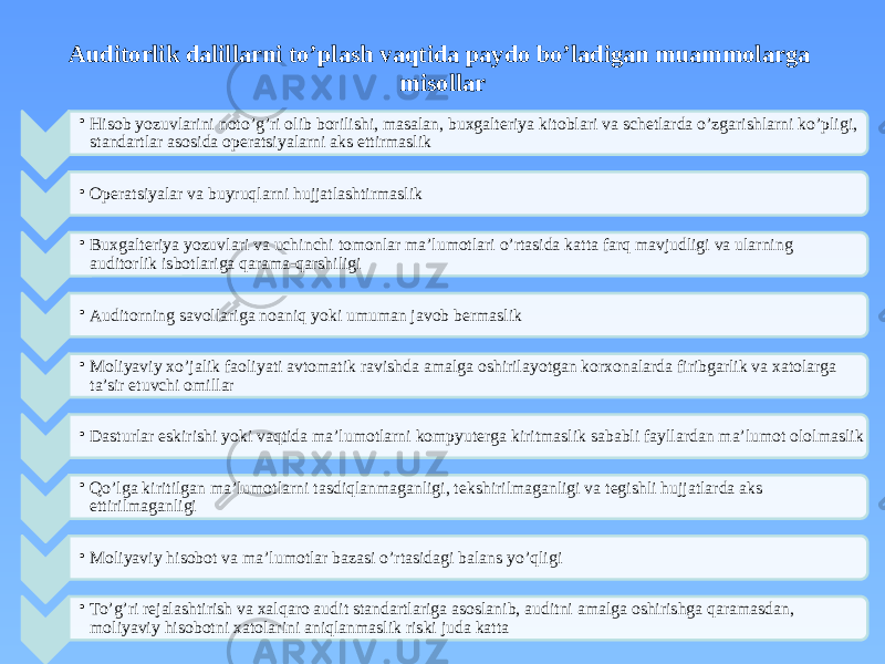 Auditorlik dalillarni to’plash vaqtida paydo bo’ladigan muammolarga misollar • Hisob yozuvlarini noto’g’ri olib borilishi, masalan, buxgalteriya kitoblari va schetlarda o’zgarishlarni ko’pligi, standartlar asosida operatsiyalarni aks ettirmaslik • Operatsiyalar va buyruqlarni hujjatlashtirmaslik • Buxgalteriya yozuvlari va uchinchi tomonlar ma’lumotlari o’rtasida katta farq mavjudligi va ularning auditorlik isbotlariga qarama-qarshiligi • Auditorning savollariga noaniq yoki umuman javob bermaslik • Moliyaviy xo’jalik faoliyati avtomatik ravishda amalga oshirilayotgan korxonalarda firibgarlik va xatolarga ta’sir etuvchi omillar • Dasturlar eskirishi yoki vaqtida ma’lumotlarni kompyuterga kiritmaslik sababli fayllardan ma’lumot ololmaslik • Qo’lga kiritilgan ma’lumotlarni tasdiqlanmaganligi, tekshirilmaganligi va tegishli hujjatlarda aks ettirilmaganligi • Moliyaviy hisobot va ma’lumotlar bazasi o’rtasidagi balans yo’qligi • To’g’ri rejalashtirish va xalqaro audit standartlariga asoslanib, auditni amalga oshirishga qaramasdan, moliyaviy hisobotni xatolarini aniqlanmaslik riski juda katta 