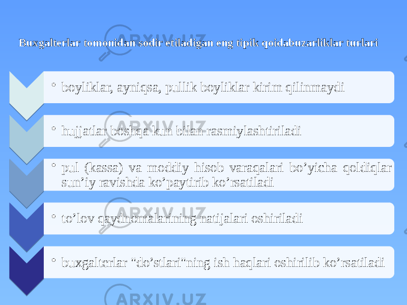 Buxgalterlar tomonidan sodir etiladigan eng tipik qoidabuzarliklar turlari • boyliklar, ayniqsa, pullik boyliklar kirim qilinmaydi • hujjatlar boshqa kun bilan rasmiylashtiriladi • pul (kassa) va moddiy hisob varaqalari bo’yicha qoldiqlar sun’iy ravishda ko’paytirib ko’rsatiladi • to’lov qaydnomalarining natijalari oshiriladi • buxgalterlar &#34;do’stlari&#34;ning ish haqlari oshirilib ko’rsatiladi 