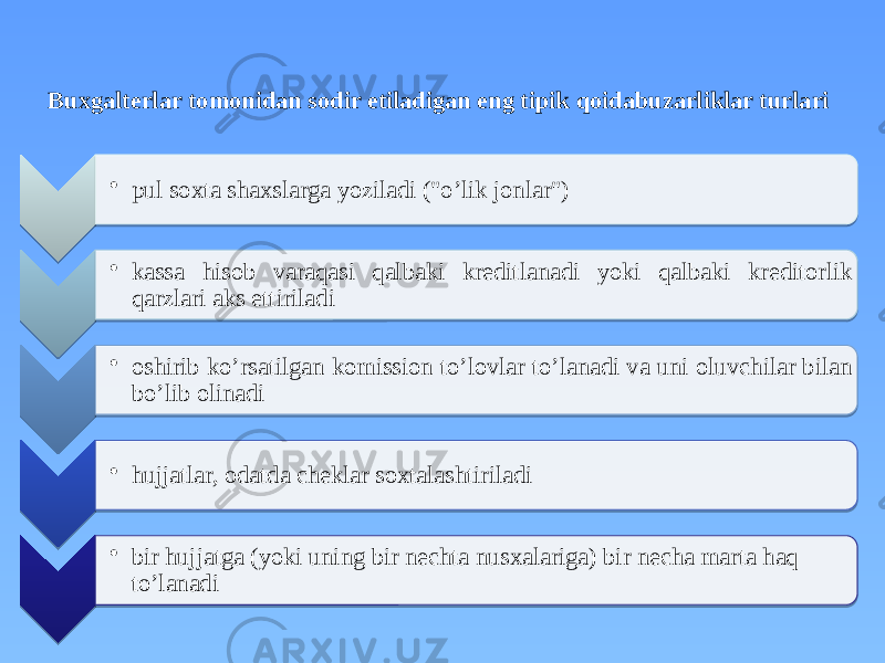 Buxgalterlar tomonidan sodir etiladigan eng tipik qoidabuzarliklar turlari • pul soxta shaxslarga yoziladi (&#34;o’lik jonlar&#34;) • kassa hisob varaqasi qalbaki kreditlanadi yoki qalbaki kreditorlik qarzlari aks ettiriladi • oshirib ko’rsatilgan komission to’lovlar to’lanadi va uni oluvchilar bilan bo’lib olinadi • hujjatlar, odatda cheklar soxtalashtiriladi • bir hujjatga (yoki uning bir nechta nusxalariga) bir necha marta haq to’lanadi 01 05 01 0E 1A 01 0F 11 01 10 01 11 09 