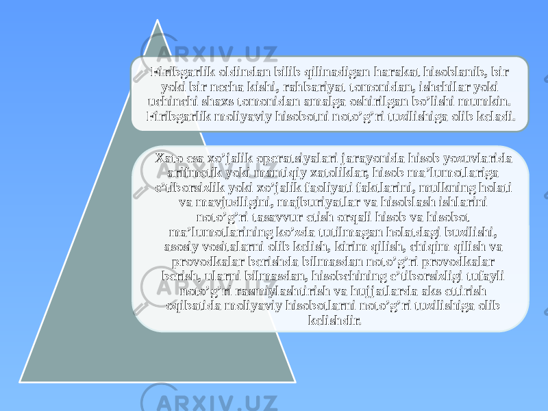 Firibgarlik oldindan bilib qilinadigan harakat hisoblanib, bir yoki bir necha kishi, rahbariyat tomonidan, ishchilar yoki uchinchi shaxs tomonidan amalga oshirilgan bo’lishi mumkin. Firibgarlik moliyaviy hisobotni noto’g’ri tuzilishiga olib keladi. Xato esa xo’jalik operatsiyalari jarayonida hisob yozuvlarida arifmetik yoki mantiqiy xatoliklar, hisob ma’lumotlariga e’tiborsizlik yoki xo’jalik faoliyati faktlarini, mulkning holati va mavjudligini, majburiyatlar va hisoblash ishlarini noto’g’ri tasavvur etish orqali hisob va hisobot ma’lumotlarining ko’zda tutilmagan holatdagi buzilishi, asosiy vositalarni olib kelish, kirim qilish, chiqim qilish va provodkalar berishda bilmasdan noto’g’ri provodkalar berish, ularni bilmasdan, hisobchining e’tiborsizligi tufayli noto’g’ri rasmiylashtirish va hujjatlarda aks ettirish oqibatida moliyaviy hisobotlarni noto’g’ri tuzilishiga olib kelishdir. 