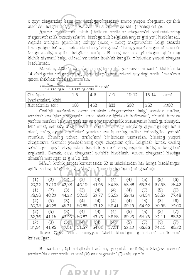 u quyi chegaradan katta (uni hisobga olmasdan) ammo yuqori chegarani qo‘shib oladi deb belgilanadi, ya’ni «..... dan va ..... gacha qo‘shib (hisobga olib)». Ammo mantiq va uslub jihatidan oraliqlar chegarasini variantalarning o‘zgaruvchanlik xususiyatlarini hisobga olib belgilash eng to‘g‘ri yo‘l hisoblanadi. Agarda oraliqlar (guruhlar) tadrijiy (uzuq - uzuq) o‘zgaruvchan belgi asosida tuzilayotgan bo‘lsa, u holda ularni quyi chegarasini ham, yuqori chegarani ham o‘z ichiga oladigan qilib belgilash ma’qul. Buning uchun quyi chegara qilib eng kichik qiymatli belgi olinadi va undan boshlab kenglik miqdorida yuqori chegara hisoblanadi. Masalan, 2200 ta xonadonlarning har birida yashovchilar soni 1 kishidan to 14 kishigacha bo‘lgan bo‘lsa, u holda jami xonadonlarni quyidagi oraliqli taqsimot qatori shaklida ifodalash mumkin. 5 2200 log 332 1 1 14 log 332 1 min max        N x x i kishi Oraliqlar (variantalar), kishi 1-3 4-6 7-9 10-12 13-14 Jami Xonadonlar soni 100 450 800 500 350 2200 Oraliqli variatsion qator uzluksiz o‘zgaruvchan belgi asosida tuzilsa, yondosh oraliqlar chegarasini uzuq shaklda ifodalab bo‘lmaydi, chunki bunday yechim mazkur belgining tabiati va o‘zgaruvchanlik xususiyatini hisobga olmaydi. Ma’lumki, uzluksiz o‘zgaruvchan belgi har qanday miqdoriy qiymatga ega bo‘la oladi, uning ayrim qiymatlari yondosh oraliqlarning uzilish bo‘shlig‘ida yotishi mumkin. Shuning uchun, oraliqlarni bir-biridan uzmasdan, birining yuqori chegarasini ikkinchi yondoshining quyi chegarasi qilib belgilash kerak. Oraliq so‘zi ayni quyi chegaradan boshlab yuqori chegaragacha bo‘lgan kenglikni anglatadi. Demak, quyi chegarani qo‘shib hisoblash, yuqori chegarani hisobga olmaslik mantiqan to‘g‘ri bo‘ladi. Misol: kichik sanoat korxonasida 50 ta ishchilardan har biriga hisoblangan oylik ish haqi to‘g‘risida quyidagi ma’lumotlar berilgan (ming so‘m): (1) 20,22 (2) 37,19 (3) 42,78 (3) 49.10 (4) 51.93 (4) 54.88 (4) 58.58 (5) 63.35 (5) 67.38 (6) 75.42 (1) 28,68 (2) 40,02 (3) 44.32 (3) 50.10 (4) 52.77 (4) 55.52 (4) 59.43 (5) 64.54 (5) 68.52 (6) 77.48 (2) 30,28 (3) 40,28 (3) 45.31 (4) 50.88 (4) 53.12 (4) 56.41 (4) 60.13 (5) 64.92 (6) 70.38 (6) 79.00 (2) 32,36 (3) 41,15 (3) 46.99 (4) 50.82 (4) 53.79 (4) 56.88 (5) 60.79 (5) 65.73 (6) 72.11 (7) 88.32 (2) 34,64 (3) 41,95 (3) 47.61 (4) 51.57 (4) 54.01 (4) 57.61 (5) 62.12 (5) 66.86 (6) 74.15 (7) 90.20 Ilova: Qavs ichida muayyan ishchi kiradigan guruhlarni tartib soni ko‘rsatilgan. Bu sonlarni, 0,1 aniqlikda ifodalab, yuqorida keltirilgan Sterjess mezoni yordamida qator oraliqlar soni (k) va chegarasini (i) aniqlaymiz. 