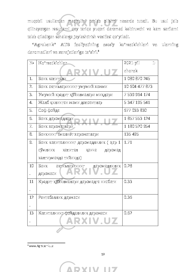 muqobil usullardan maqbulini tanlab olishni nazarda tutadi. Bu usul jalb qilinayotgan resurlarni qay tariqa yuqori daromad keltiruvchi va kam sarflarni talab qiladigan sohalarga joylashtirish vazifasi qo’yiladi. “Agrobank” ATB faoliyatining asosiy ko’rsatkichlari va ularning daromadlari va xarajatlariga ta’siri. 8 № Ko’rsatkichlar 2021-yil 1- chorak 1. Банк капитали 1   080   870 245 2. Банк активларининг умумий хажми 10   604 477   873 3. Умумий кредит қўйилмалари миқдори 7   539   964 174 4. Жалб қилинган жами депозитлар 5   347   195 541 5. Соф фойда 677   033 830 6. Банк даромадлари 1   857   553 124 7. Банк харажатлари 1   180   520 954 8. Банкнинг амалиёт харажатлари 135 495 9. Банк капиталининг даромадлилик ( ҳар 1 сўмлиик капитал қанча даромад келтирмокда тийинда) 1.71 10 . Банк активларининг даромадлилик даражаси 0.28 11 . Кредит қўйилмалари даромадга нисбати 0.33 12 . Ре н табеллик даржаси 0.36 13 . Капиталнинг фойдалилик даражаси 0.62 8 www.Agrobank.uz 19 