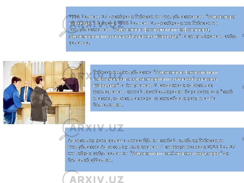 Ўзбекистон Республикаси “Адвокатлик фаолиятининг кафолатлари ва адвокатларнинг ижтимоий ҳимояси тўғрисида” ги Қонунининг 2- моддасида адвокатлик фаолиятининг асосий тамойилларидан бири сифатида “касб этикаси, адвокатлик сири ва қасамёдига риоя этиш”и белгиланган. Адвокатлар риоя қилиши лозим бўлган касбий талаблар Ўзбекистон Республикаси Адвокатлар палатасининг II конференсиясида 2013-йил 27- сентабрда қабул қилинган “Адвокатнинг касб этикаси қоидалари” да белгилаб қўйилган. 1996-йилнинг 27-декабрида Ўзбекистон Республикасининг “Адвокатура тўғрисида” ги ҳамда 1998-йилнинг 25-декабрида эса Ўзбекистон Республикасининг “Адвокатлик фаолиятининг кафолатлари, адвокатларнинг ижтимоий ҳимояси тўғрисида” ги қонунларининг қабул қилинди. 