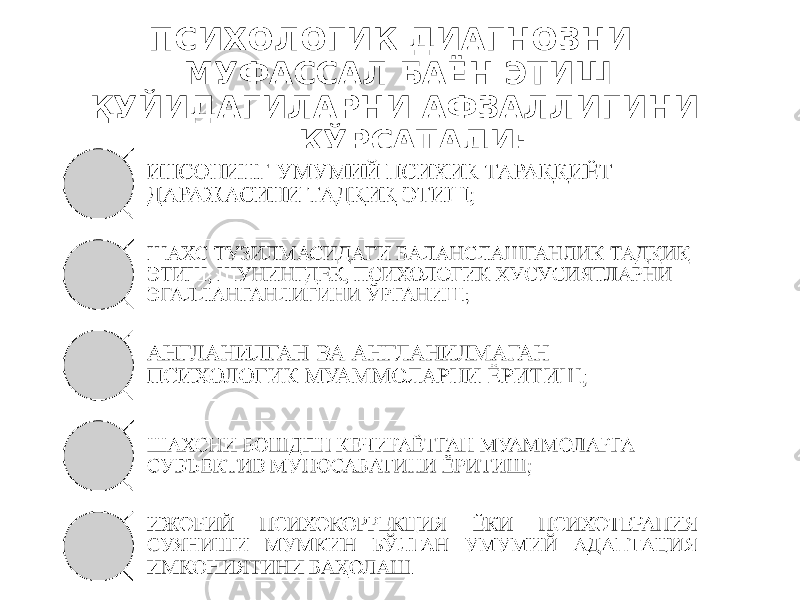  ПСИХОЛОГИК ДИАГНОЗНИ МУФАССАЛ БАЁН ЭТИШ ҚУЙИДАГИЛАРНИ АФЗАЛЛИГИНИ КЎРСАТАДИ: 