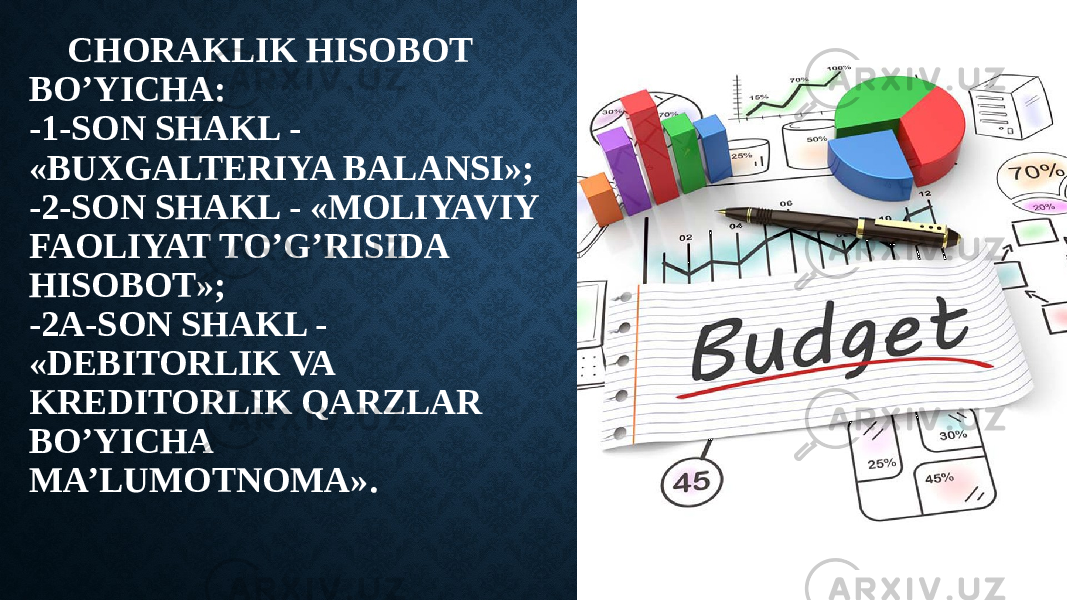 CHORAKLIK HISOBOT BO’YICHA: -1-SON SHAKL - «BUXGALTERIYA BALANSI»; -2-SON SHAKL - «MOLIYAVIY FAOLIYAT TO’G’RISIDA HISOBOT»; -2A-SON SHAKL - «DEBITORLIK VA KREDITORLIK QARZLAR BO’YICHA MA’LUMOTNOMA». 