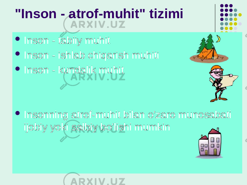 &#34;Inson - atrof-muhit&#34; tizimi  Inson - tabiiy muhit  Inson - ishlab chiqarish muhiti  Inson - kundalik muhit  Insonning atrof-muhit bilan o&#39;zaro munosabati ijobiy yoki salbiy bo&#39;lishi mumkin 