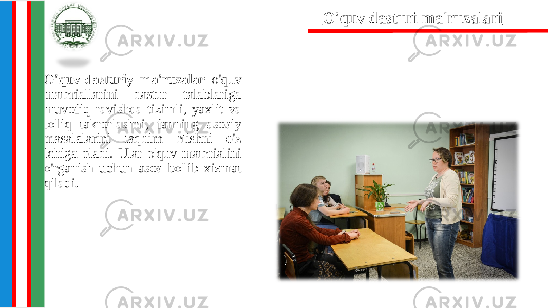 O&#39;quv-dasturiy ma&#39;ruzalar o&#39;quv materiallarini dastur talablariga muvofiq ravishda tizimli, yaxlit va to&#39;liq takrorlashni, fanning asosiy masalalarini taqdim etishni o&#39;z ichiga oladi. Ular o&#39;quv materialini o&#39;rganish uchun asos bo&#39;lib xizmat qiladi. 6. 4. O&#39;quv dasturi ma&#39;ruzalari 