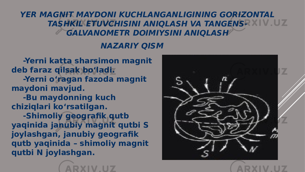 YER MAGNIT MAYDONI KUCHLANGANLIGINING GORIZONTAL TASHKIL ETUVCHISINI ANIQLASH VA TANGENS- GALVANOMETR DOIMIYSINI ANIQLASH NAZARIY QISM -Yerni katta sharsimon magnit deb faraz qilsak bo‘ladi. -Yerni o‘ragan fazoda magnit maydoni mavjud. -Bu maydonning kuch chiziqlari ko‘rsatilgan. -Shimoliy geografik qutb yaqinida janubiy magnit qutbi S joylashgan, janubiy geografik qutb yaqinida – shimoliy magnit qutbi N joylashgan. 