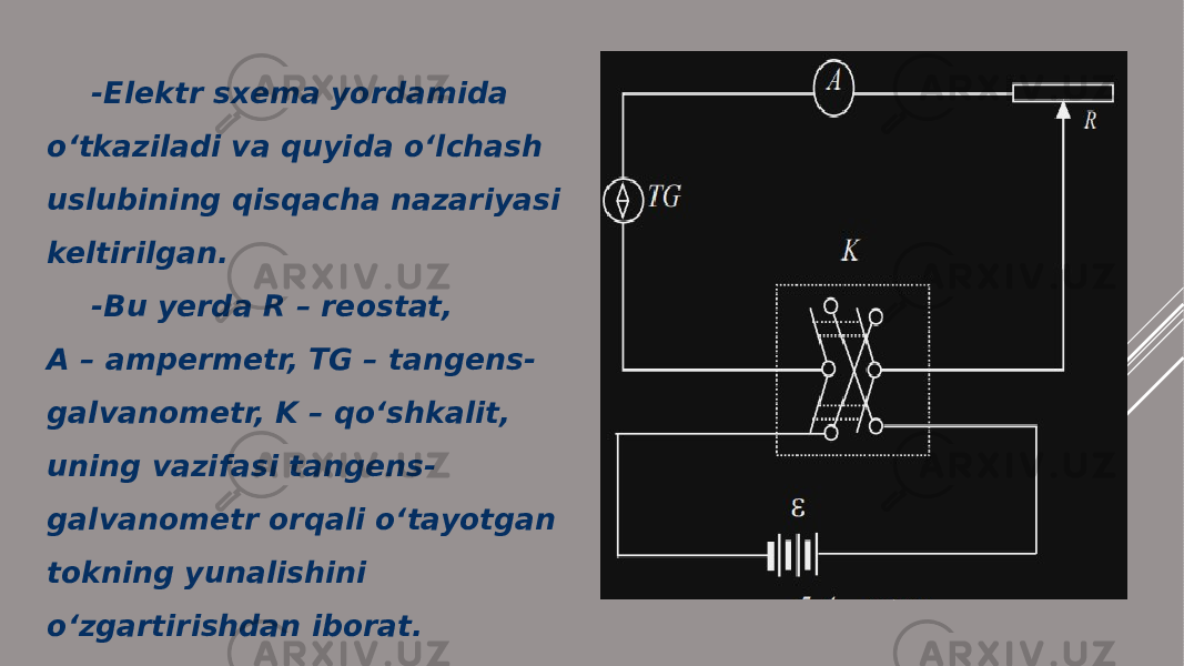 -Elektr sxema yordamida o‘tkaziladi va quyida o‘lchash uslubining qisqacha nazariyasi keltirilgan. -Bu yerda R – reostat, A – ampermetr, TG – tangens- galvanometr, K – qo‘shkalit, uning vazifasi tangens- galvanometr orqali o‘tayotgan tokning yunalishini o‘zgartirishdan iborat. 