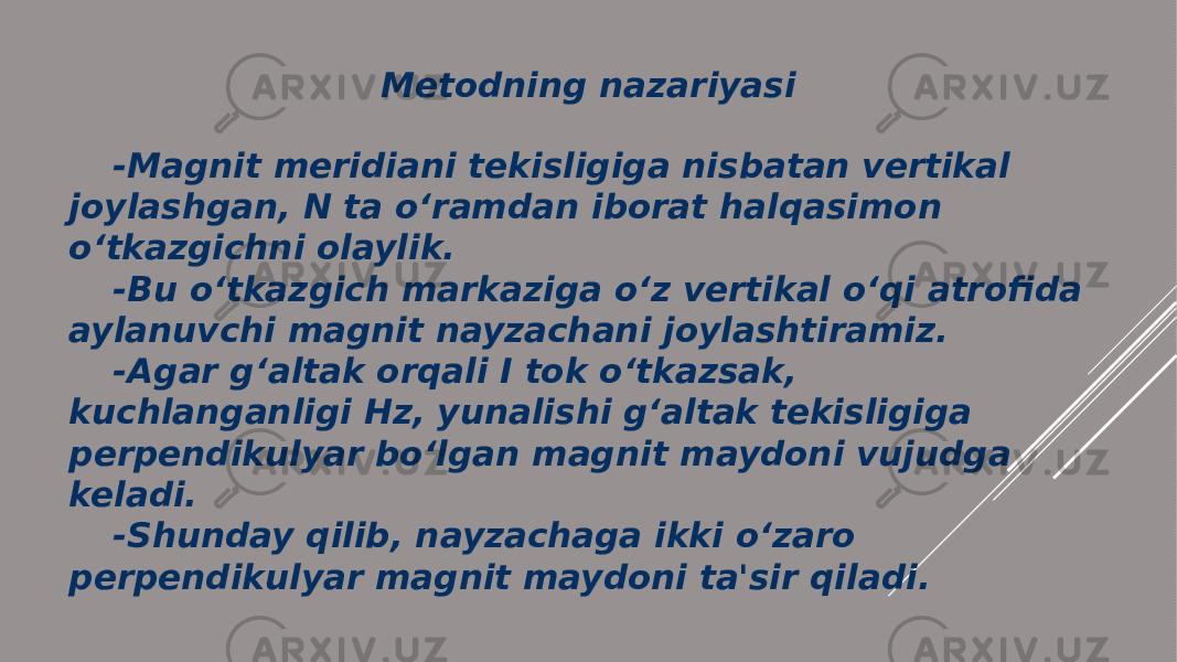 -Magnit meridiani tekisligiga nisbatan vertikal joylashgan, N ta o‘ramdan iborat halqasimon o‘tkazgichni olaylik. -Bu o‘tkazgich markaziga o‘z vertikal o‘qi atrofida aylanuvchi magnit nayzachani joylashtiramiz. -Agar g‘altak orqali I tok o‘tkazsak, kuchlanganligi Hz, yunalishi g‘altak tekisligiga perpendikulyar bo‘lgan magnit maydoni vujudga keladi. -Shunday qilib, nayzachaga ikki o‘zaro perpendikulyar magnit maydoni ta&#39;sir qiladi. Metodning nazariyasi 