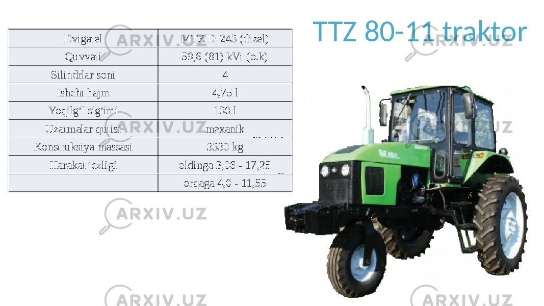 Dvigatel MTZ D-243 (dizel) Quvvati 59,6 (81) kVt (o.k) Silindrlar soni 4 Ishchi hajm 4,75 l Yoqilg&#39;I sig&#39;imi 130 l Uzatmalar qutisi mexanik Konstruksiya massasi 3330 kg Harakat tezligi oldinga 3,06 - 17,25 orqaga 4,0 - 11,55 TTZ 80-11 traktor 