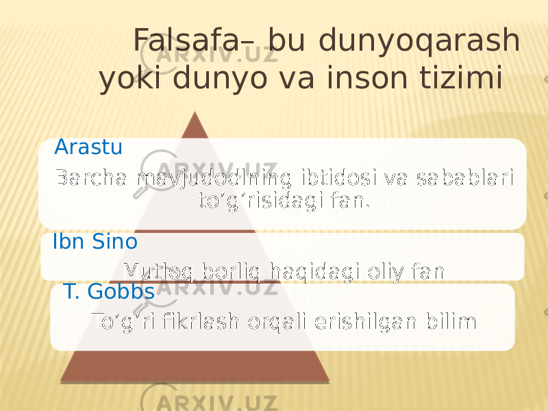  Falsafa– bu dunyoqarash yoki dunyo va inson tizimi Arastu Barcha mavjudodlning ibtidosi va sabablari to’g’risidagi fan. Ibn Sino Mutloq borliq haqidagi oliy fan T. Gobbs To’g’ri fikrlash orqali erishilgan bilim 