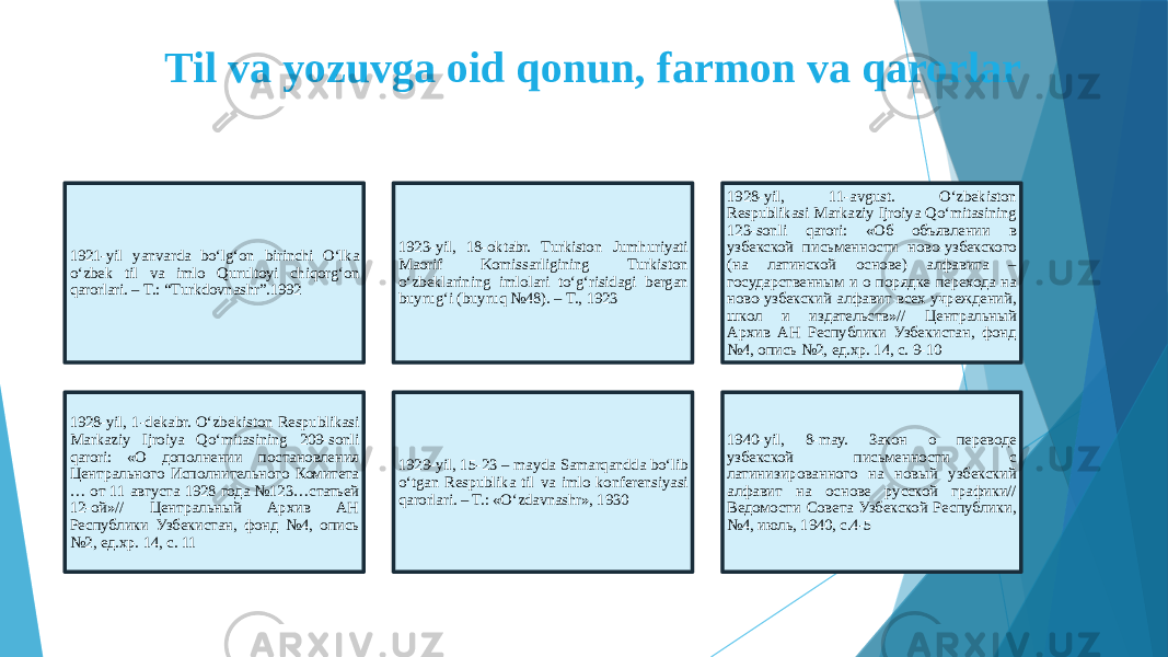 Til va yozuvga oid qonun, farmon va qarorlar 1921-yil yanvarda bo‘lg‘on birinchi O‘lka o‘zbek til va imlo Qurultoyi chiqorg‘on qarorlari. – T.: “Turkdovnashr”.1992 1923-yil, 18-oktabr. Turkiston Jumhuriyati Maorif Komissarligining Turkiston o‘zbeklarining imlolari to‘g‘risidagi bergan buyrug‘i (buyruq №48). – T., 1923 1928-yil, 11-avgust. O‘zbekiston Respublikasi Markaziy Ijroiya Qo‘mitasining 123-sonli qarori: «Об объявлении в узбекской письменности ново-узбекского (на латинской основе) алфавита – государственным и о порядке перехода на ново-узбекский алфавит всех учреждений, школ и издательств»// Центральный Архив АН Республики Узбекистан, фонд №4, опись №2, ед.хр. 14, с. 9-10 1928-yil, 1-dekabr. O‘zbekiston Respublikasi Markaziy Ijroiya Qo‘mitasining 209-sonli qarori: «О дополнении постановления Центрального Исполнительного Комитета … от 11 августа 1928 года №123…статьей 12-ой»// Центральный Архив АН Республики Узбекистан, фонд №4, опись №2, ед.хр. 14, с. 11 1929-yil, 15-23 – mayda Samarqandda bo‘lib o‘tgan Respublika til va imlo konferensiyasi qarorlari. – T.: «O‘zdavnashr», 1930 1940-yil, 8-may. Закон о переводе узбекской письменности с латинизированного на новый узбекский алфавит на основе русской графики// Ведомости Совета Узбекской Республики, №4, июль, 1940, с.4-5 