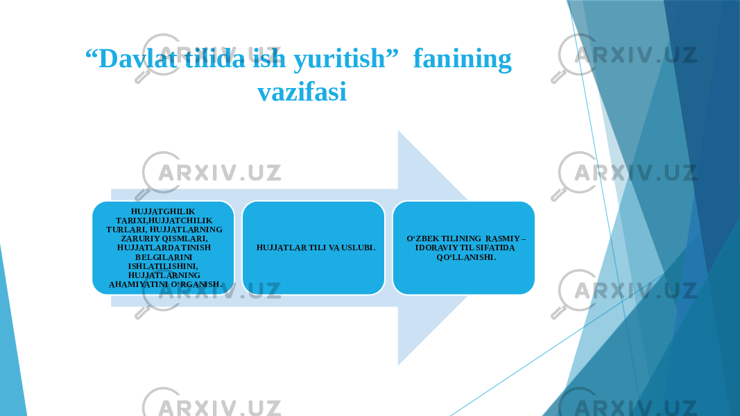 “ Davlat tilida ish yuritish” fanining vazifasi HUJJATGHILIK TARIXI,HUJJATCHILIK TURLARI, HUJJATLARNING ZARURIY QISMLARI, HUJJATLARDA TINISH BELGILARINI ISHLATILISHINI, HUJJATLARNING AHAMIYATINI O‘RGANISH. HUJJATLAR TILI VA USLUBI. O‘ZBEK TILINING RASMIY – IDORAVIY TIL SIFATIDA QO‘LLANISHI. 