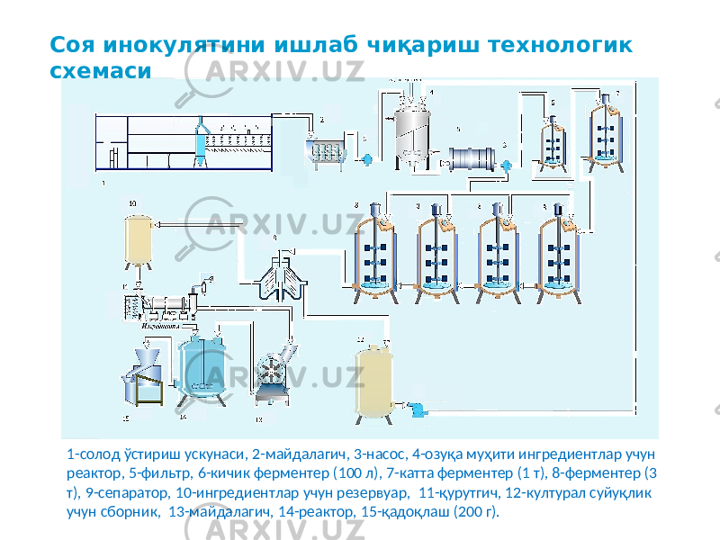 Соя инокулятини ишлаб чиқариш технологик схемаси 1-солод ўстириш ускунаси, 2-майдалагич, 3-насос, 4-озуқа муҳити ингредиентлар учун реактор, 5-фильтр, 6-кичик ферментер (100 л), 7-катта ферментер (1 т), 8-ферментер (3 т), 9-сепаратор, 10-ингредиентлар учун резервуар, 11-қурутгич, 12-културал суйуқлик учун сборник, 13-майдалагич, 14-реактор, 15-қадоқлаш (200 г). 