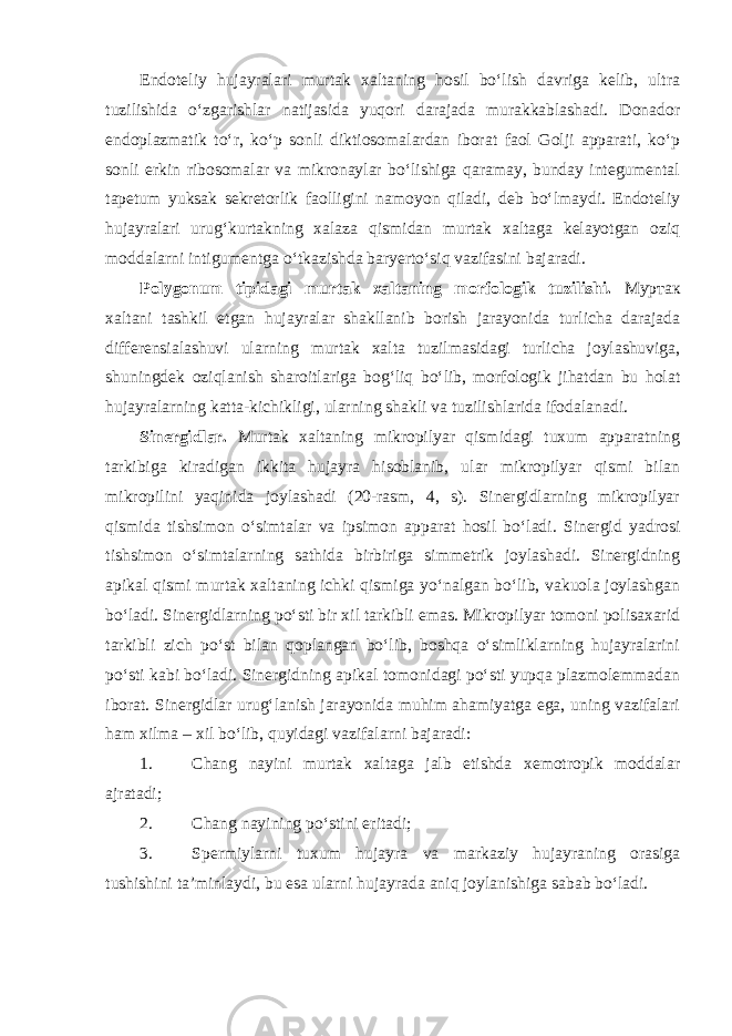 Endoteliy hujayralari murtak xaltaning hosil bo‘lish davriga kelib, ultra tuzilishida o‘zgarishlar natijasida yuqori darajada murakkablashadi. Donador endoplazmatik to‘r, ko‘p sonli diktiosomalardan iborat faol Golji apparati, ko‘p sonli erkin ribosomalar va mikronaylar bo‘lishiga qaramay, bunday integumental tapetum yuksak sekretorlik faolligini namoyon qiladi, deb bo‘lmaydi. Endoteliy hujayralari urug‘kurtakning xalaza qismidan murtak xaltaga kelayotgan oziq moddalarni intigumentga o‘tkazishda baryerto‘siq vazifasini bajaradi. Polygonum tipidagi murtak xaltaning morfologik tuzilishi. Муртак xaltani tashkil etgan hujayralar shakllanib borish jarayonida turlicha darajada differensialashuvi ularning murtak xalta tuzilmasidagi turlicha joylashuviga, shuningdek oziqlanish sharoitlariga bog‘liq bo‘lib, morfologik jihatdan bu holat hujayralarning katta-kichikligi, ularning shakli va tuzilishlarida ifodalanadi. Sinergidlar. Murtak xaltaning mikropilyar qismidagi tuxum apparatning tarkibiga kiradigan ikkita hujayra hisoblanib, ular mikropilyar qismi bilan mikropilini yaqinida joylashadi (20-rasm, 4, s). Sinergidlarning mikropilyar qismida tishsimon o‘simtalar va ipsimon apparat hosil bo‘ladi. Sinergid yadrosi tishsimon o‘simtalarning sathida birbiriga simmetrik joylashadi. Sinergidning apikal qismi murtak xaltaning ichki qismiga yo‘nalgan bo‘lib, vakuola joylashgan bo‘ladi. Sinergidlarning po‘sti bir xil tarkibli emas. Mikropilyar tomoni polisaxarid tarkibli zich po‘st bilan qoplangan bo‘lib, boshqa o‘simliklarning hujayralarini po‘sti kabi bo‘ladi. Sinergidning apikal tomonidagi po‘sti yupqa plazmolemmadan iborat. Sinergidlar urug‘lanish jarayonida muhim ahamiyatga ega, uning vazifalari ham xilma – xil bo‘lib, quyidagi vazifalarni bajaradi: 1. Chang nayini murtak xaltaga jalb etishda xemotropik moddalar ajratadi; 2. Chang nayining po‘stini eritadi; 3. Spermiylarni tuxum hujayra va markaziy hujayraning orasiga tushishini ta’minlaydi, bu esa ularni hujayrada aniq joylanishiga sabab bo‘ladi. 