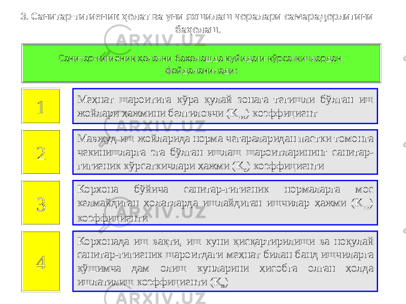 3. Санитар-гигиеник ҳолат ва уни яхшилаш чоралари самарадорлигини баҳолаш . Санитар-гигиеник ҳолатни баҳолашда қуйидаги кўрсаткичлардан фойдаланилади: 1 Меҳнат шароитига кўра қулай зонага тегишли бўлган иш жойлари ҳажмини белгиловчи (К иж ) коэффициент 2 Мавжуд иш жойларида норма чегараларидан пастки томонга чекинишларга эга бўлган ишлаш шароитларининг санитар- гигиеник кўрсаткичлари ҳажми (К с ) коэффициенти 3 Корхона бўйича санитар-гигиеник нормаларга мос келмайдиган ҳолатларда ишлайдиган ишчилар ҳажми (К ин ) коэффициенти 4 Корхонада иш вақти, иш куни қисқартирилиши ва ноқулай санитар-гигиеник шароитдаги меҳнат билан банд ишчиларга қўшимча дам олиш кунларини ҳисобга олган ҳолда ишлатилиш коэффициенти (К п ) 