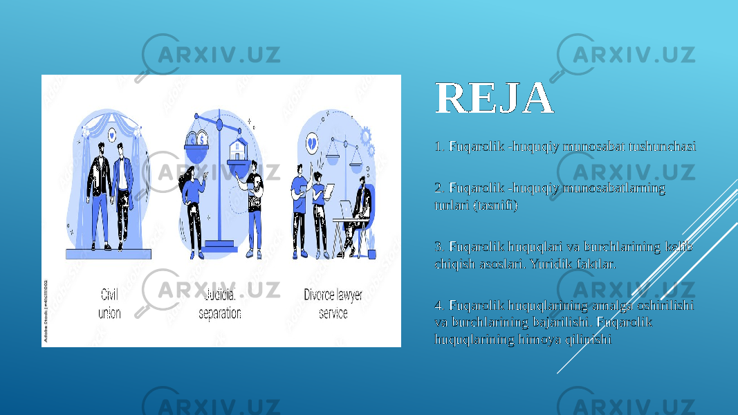 REJA 1. Fuqarolik -huquqiy munosabat tushunchasi 2. Fuqarolik -huquqiy munosabatlarning turlari (tasnifi) 3. Fuqarolik huquqlari va burchlarining kelib chiqish asoslari. Yuridik faktlar. 4. Fuqarolik huquqlarining amalga oshirilishi va burchlarining bajarilishi. Fuqarolik huquqlarining himoya qilinishi 