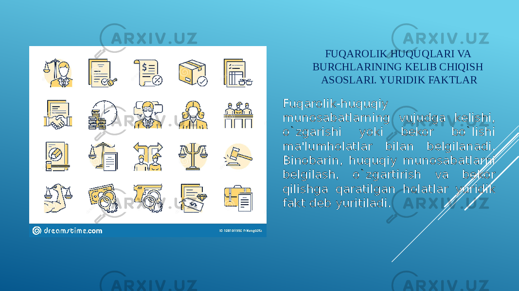 FUQAROLIK HUQUQLARI VA BURCHLARINING KELIB CHIQISH ASOSLARI. YURIDIK FAKTLAR Fuqarolik-huquqiy munosabatlarning vujudga kelishi, o`zgarishi yoki bekor bo`lishi ma&#39;lumholatlar bilan belgilanadi. Binobarin, huquqiy munosabatlarni belgilash, o`zgartirish va bekor qilishga qaratilgan holatlar yuridik fakt deb yuritiladi. 