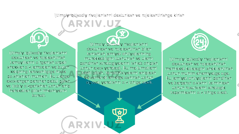 Ijtimoiy-iqtisodiy rivojlanishni dasturlash va rejalashtirishga kirish Ijtimoiy-iqtisodiy rivojlanishni dasturlash va rejalashtirish mamlakat kelajagini shakllantirish uchun muhim ahamiyatga ega. Bu jamiyat ehtiyojlarini qondirish va barqaror o&#39;sishni ta&#39;minlash uchun resurslarni strategik taqsimlashni o&#39;z ichiga oladi.Ijtimoiy-iqtisodiy rivojlanishni dasturlash va rejalashtirish bilan tanishish jamiyat ehtiyojlarining murakkabligini tushunish va ularni qondirish strategiyalarini ishlab chiqish uchun asos yaratadi. Bu ma&#39;lumotlarni tahlil qilish, tendentsiyalarni aniqlash va samarali amalga oshirish uchun siyosat yaratishni o&#39;z ichiga oladi.Ijtimoiy-iqtisodiy rivojlanishni dasturlash va rejalashtirish tamoyillarini o&#39;rganish orqali shaxslar o&#39;z jamoalari va butun xalqning farovonligiga hissa qo&#39;shishlari mumkin. Bu ularga asoslangan qarorlar qabul qilish va ijobiy o&#39;zgarishlar uchun aniq harakatlar qilish imkoniyatini beradi. 