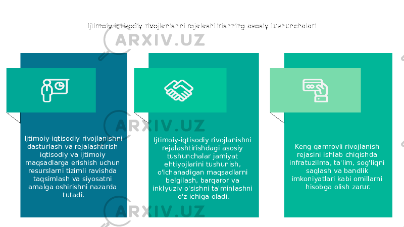 Ijtimoiy-iqtisodiy rivojlanishni rejalashtirishning asosiy tushunchalari Ijtimoiy-iqtisodiy rivojlanishni dasturlash va rejalashtirish iqtisodiy va ijtimoiy maqsadlarga erishish uchun resurslarni tizimli ravishda taqsimlash va siyosatni amalga oshirishni nazarda tutadi. Ijtimoiy-iqtisodiy rivojlanishni rejalashtirishdagi asosiy tushunchalar jamiyat ehtiyojlarini tushunish, o&#39;lchanadigan maqsadlarni belgilash, barqaror va inklyuziv o&#39;sishni ta&#39;minlashni o&#39;z ichiga oladi. Keng qamrovli rivojlanish rejasini ishlab chiqishda infratuzilma, ta&#39;lim, sog&#39;liqni saqlash va bandlik imkoniyatlari kabi omillarni hisobga olish zarur. 