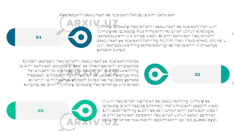 Rivojlanishni dasturlash va rejalashtirishda ta&#39;sirni baholash Ijtimoiy-iqtisodiy rivojlanishni dasturlash va rejalashtirish turli ijtimoiy va iqtisodiy muammolarni hal qilish uchun strategik tashabbuslarni o&#39;z ichiga oladi. Ta&#39;sirni baholash rivojlanishni dasturlash va rejalashtirishning muhim jihati hisoblanadi, chunki u turli tashabbuslarning samaradorligi va natijalarini o&#39;lchashga yordam beradi.01 U turli rivojlanish loyihalari va dasturlarining ijtimoiy va iqtisodiy ta’siri haqida qimmatli ma’lumotlarni taqdim etadi. Turli tadbirlarning kuchli va zaif tomonlarini baholash orqali ta&#39;sirni baholash barqaror rivojlanish uchun asosli qarorlar qabul qilish va resurslarni taqsimlashni qo&#39;llab-quvvatlaydi.03 02Bundan tashqari, rivojlanishni dasturlash va rejalashtirishda ta&#39;sirni baholash potentsial xavf va imkoniyatlarni aniqlashda hal qiluvchi rol o&#39;ynaydi. Bu rivojlanish tashabbuslarining maqsadli jamoalarning ehtiyojlari va ustuvorliklariga mos kelishini ta&#39;minlashga yordam beradi va natijada yanada kengroq va ta&#39;sirli ijtimoiy-iqtisodiy rivojlanishga olib keladi. 