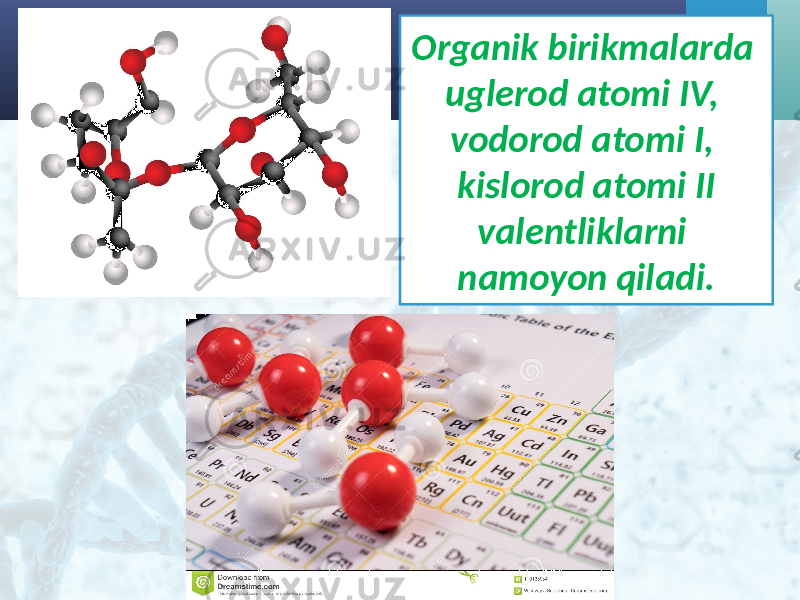 Organik birikmalarda uglerod atomi IV, vodorod atomi I, kislorod atomi II valentliklarni namoyon qiladi. 