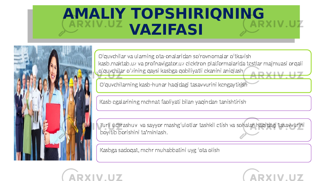 AMALIY TOPSHIRIQNING VAZIFASI O‘quvchilar va ularning ota-onalaridan so‘rovnomalar o‘tkazish kasb.maktab.uz va profnavigator.uz elektron platformalarida testlar majmuasi orqali o‘quvchilar o‘zining qaysi kasbga qobiliyatli ekanini aniqlash O‘quvchilarning kasb-hunar haqidagi tasavvurini kengaytirish Kasb egalarining mehnat faoliyati bilan yaqindan tanishtirish Turli uchrashuv va sayyor mashg‘ulotlar tashkil etish va sohalar haqidagi tasavvurini boyitib borishini ta’minlash. Kasbga sadoqat, mehr muhabbatini uyg ‘ota olish030103 0E 