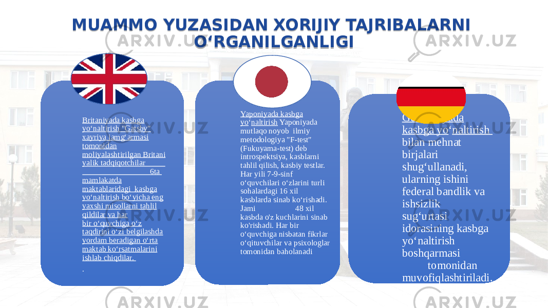 MUAMMO YUZASIDAN XORIJIY TAJRIBALARNI O‘RGANILGANLIGI Yaponiyada kasbga yo ‘ naltirish Yaponiyada mutlaqo noyob ilmiy metodologiya &#34;F-test&#34; (Fukuyama-test) deb introspektsiya, kasblarni tahlil qilish, kasbiy testlar. Har yili 7-9-sinf o‘quvchilari o‘zlarini turli sohalardagi 16 xil kasblarda sinab ko‘rishadi. Jami 48 xil kasbda o&#39;z kuchlarini sinab ko&#39;rishadi. Har bir o‘quvchiga nisbatan fikrlar o‘qituvchilar va psixologlar tomonidan baholanadi Germaniyada kasbga yo ‘ naltirish bilan mehnat birjalari shug‘ullanadi, ularning ishini federal bandlik va ishsizlik sug‘urtasi idorasining kasbga yo‘naltirish boshqarmasi tomonidan muvofiqlashtiriladi.Britaniyada kasbga yo‘naltirish &#34;Gatsby&#34; xayriya jamg‘armasi tomonidan moliyalashtirilgan Britani yalik tadqiqotchilar 6ta mamlakatda maktablaridagi kasbga yo‘naltirish bo‘yicha eng yaxshi misollarni tahlil qildilar va har bir o‘quvchiga o‘z taqdirini o‘zi belgilashda yordam beradigan o‘rta maktab ko‘rsatmalarini ishlab chiqdilar. .0102 0413 