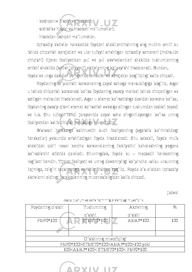 - boshqaruv hisobi va hisoboti; - statistika hisobi va hisoboti ma`lumotlari; - hisobdan tashqari ma`lumotlar. Iqtisodiy aktivlar harakatida foydani shakllantirishning eng muhim omili bu ishlab chiqarish xarajatlari va ular tufayli erishilgan iqtisodiy samarani (mahsulot chiqishi) tijorat faoliyatidan pul va pul ekvivalentlari shaklida tushumlarning ortishi shaklida (sotish jarayoni) aktivlarning ko`payishi hisoblanadi. Bundan, foyda va unga daxldor bo`lgan daromadlar va xarajatlar bog`liqligi kelib chiqadi. Foydaning to`planishi korxonaning qaysi sohaga mansubligiga bog`liq. Agar u ishlab chiqarish korxonasi bo`lsa foydaning asosiy manbai ishlab chiqarilgan va sotilgan mahsulot hisoblanadi. Agar u xizmat ko`rsatishga daxldor korxona bo`lsa‚ foydaning asosiy qismi xizmat ko`rsatish evaziga olingan tushumdan tashkil topadi va h.k. Shu tufayli tahlil jarayonida qaysi soha o`rganilayotgan bo`lsa uning faoliyatidan kelib chiqish maqsadga muvofiqdir. Biznesni harakatga keltiruvchi kuch faoliyatning (egaistik ko`rinishdagi harakatlar) yakunida erishiladigan foyda hisoblanadi. Shu sababli, foyda mulk shaklidan qat`i nazar barcha korxonalarning faoliyatini baholashning yagona ko`rsatkichi sifatida qaraladi. Shuningdek, foyda bu – maqsadli harakatning rag`bati hamdir. Tijorat faoliyati va uning davomiyligi ko`pincha ushbu unsurning hajmiga, to`g`ri taqsimotiga va ishlatilishiga bog`liq. Foyda o`z-o`zidan iqtisodiy aktivlarni oldingi harakatlarining mutanosibligidan kelib chiqadi. jadval Foyda, tushum va aktiv hajmining o`sishidagi muvofiqlik Foydaning o`sishi Tushumning o`sishi Aktivning o`sishi % F1/F0*100 ST1/ST0*100 A1/A2*100 100 O`sishning muvofiqligi F1/F0*100>ST1/ST0*100>A1/A2*100>100 yoki 100<A1/A2*100< ST1/ST0*100< F1/F0*100 