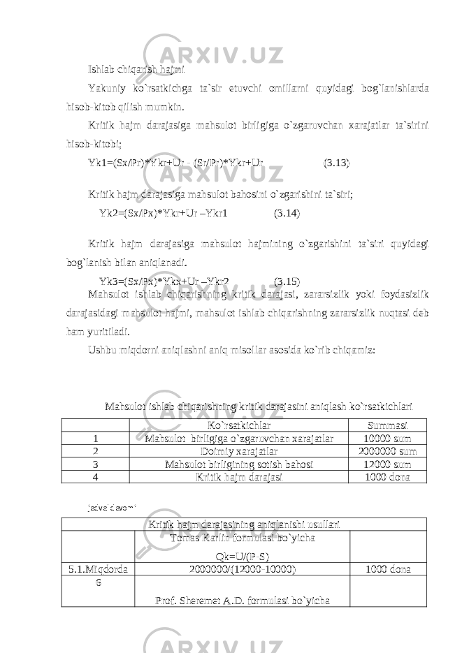 Ishlab chiqarish hajmi Yakuniy ko`rsatkichga ta`sir etuvchi omillarni quyidagi bog`lanishlarda hisob-kitob qilish mumkin. Kritik hajm darajasiga mahsulot birligiga o`zgaruvchan xarajatlar ta`sirini hisob-kitobi; Yk1=(Sx/Pr)*Ykr+Ur - (Sr/Pr)*Ykr+Ur (3.13) Kritik hajm darajasiga mahsulot bahosini o`zgarishini ta`siri; Yk2=(Sx/Px)*Ykr+Ur –Ykr1 (3.14) Kritik hajm darajasiga mahsulot hajmining o`zgarishini ta`siri quyidagi bog`lanish bilan aniqlanadi. Yk3=(Sx/Px)*Ykx+Ur –Ykr2 (3.15) Mahsulot ishlab chiqarishning kritik darajasi, zararsizlik yoki foydasizlik darajasidagi mahsulot hajmi, mahsulot ishlab chiqarishning zararsizlik nuqtasi deb ham yuritiladi. Ushbu miqdorni aniqlashni aniq misollar asosida ko`rib chiqamiz: Mahsulot ishlab chiqarishning kritik darajasini aniqlash ko`rsatkichlari Ko`rsatkichlar Summasi 1 Mahsulot birligiga o`zgaruvchan xarajatlar 10000 sum 2 Doimiy xarajatlar 2000000 sum 3 Mahsulot birligining sotish bahosi 12000 sum 4 Kritik hajm darajasi 1000 dona jadval davomi Kritik hajm darajasining aniqlanishi usullari Tomas Karlin formulasi bo`yicha Qk=U/(P-S) 5.1.Miqdorda 2000000/(12000-10000) 1000 dona 6 Prof. Sheremet A.D. formulasi bo`yicha 