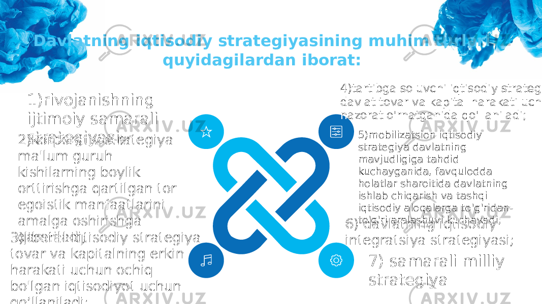 Davlatning iqtisodiy strategiyasining muhim turlari quyidagilardan iborat: 1)rivojanishning ijtimoiy samarali strategiyasi; 2)korporativ strategiya ma&#39;lum guruh kishilarning boylik orttirishga qartilgan tor egoistik manfaatlarini amalga oshirishga qaratiladi; 3)liberal-iqtisodiy strategiya tovar va kapitalning erkin harakati uchun ochiq bo&#39;Igan iqtisodiyot uchun qo’llaniladi; 4)tartibga soluvchi iqtisodiy strategiya davlat tovar va kapital harakati uchun nazorat o&#39;rnatganida qo&#39;llaniladi; 5)mobilizatsion iqtisodiy strategiya davlatning mavjudligiga tahdid kuchayganida, favqulodda holatlar sharoitida davlatning ishlab chiqarish va tashqi iqtisodiy aloqalarga to&#39;g&#39;ridan- to&#39;g&#39;ri aralashuvi kuchayadi; 6) davlatning iqtisodiy integratsiya strategiyasi; 7) samarali milliy strategiya 