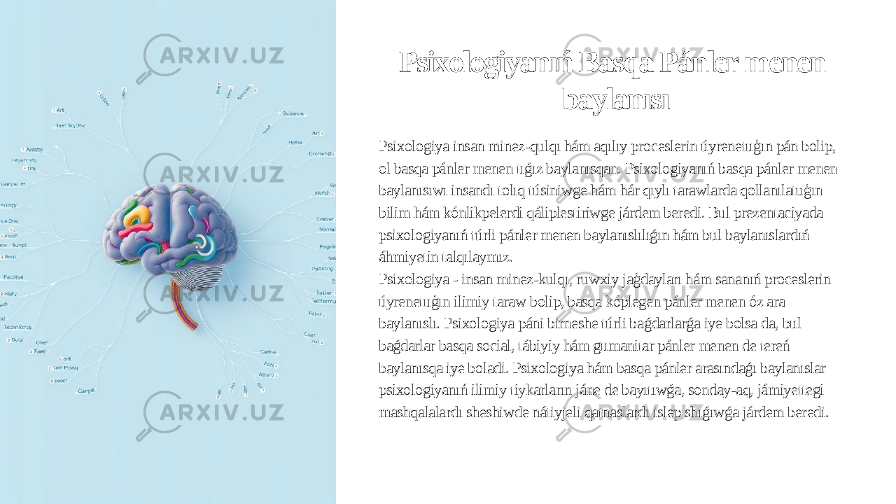 Psixologiyanıń Basqa Pánler menen baylanısı Psixologiya insan minez-qulqı hám aqılıy proceslerin úyrenetuģın pán bolip, ol basqa pánler menen tıǵız baylanısqan. Psixologiyanıń basqa pánler menen baylanısıwı insandı tolıq túsiniwge hám hár qıylı tarawlarda qollanılatuģın bilim hám kónlikpelerdi qáliplestiriwge járdem beredi. Bul prezentaciyada psixologiyanıń túrli pánler menen baylanıslılıǵın hám bul baylanıslardıń áhmiyetin talqılaymız. Psixologiya - insan minez-kulqı, ruwxiy jaģdayları hám sananıń proceslerin úyrenetuģın ilimiy taraw bolip, basqa kóplegen pánler menen óz ara baylanıslı. Psixologiya páni birneshe túrli baǵdarlarǵa iye bolsa da, bul baǵdarlar basqa social, tábiyiy hám gumanitar pánler menen de tereń baylanısqa iye boladi. Psixologiya hám basqa pánler arasındaǵı baylanıslar psixologiyanıń ilimiy tiykarların jáne de bayıtıwǵa, sonday-aq, jámiyettegi mashqalalardı sheshiwde nátiyjeli qatnaslardı islep shıǵıwǵa járdem beredi. 